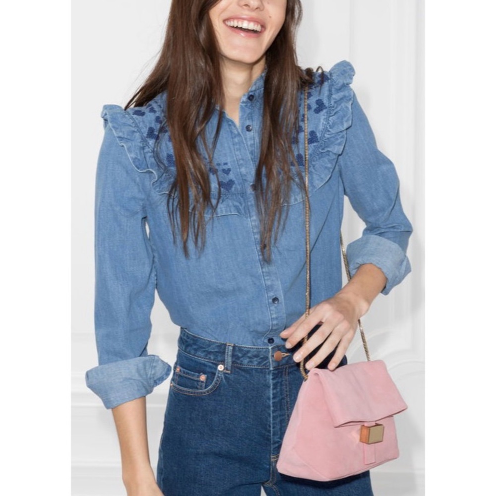 & Other Stories Frilled Collar Heart Embroidered Denim Blouse 4